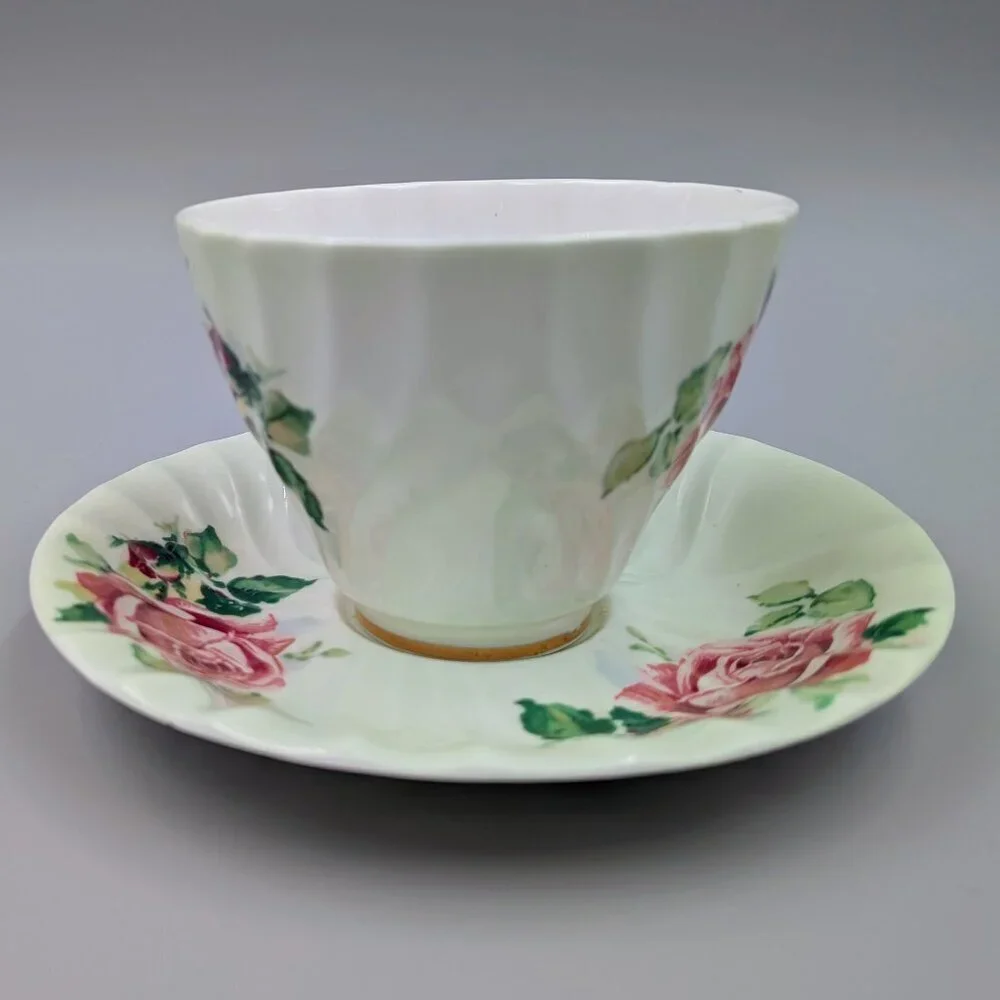 Vintage Queen Anne Bone China Tea Cup and Saucer Set - Mint Green with Pink Cabb